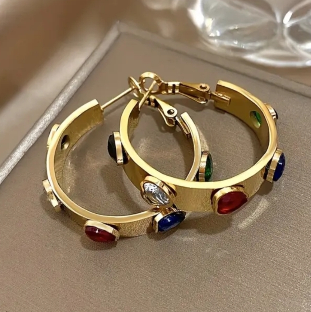 New Stainless Steel Gold Tone Crystal Hearts Earrings Hoops
